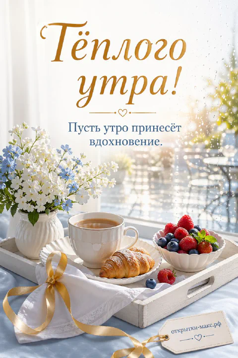 Белый деревянный поднос на постели — чашка чая, круассан, миска с малиной и черникой, букет белых цветов в вазочке у солнечного окна