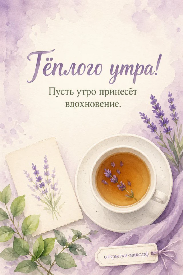 Белый деревянный поднос на постели — чашка чая, круассан, миска с малиной и черникой, букет белых цветов в вазочке у солнечного окна — вариант 3