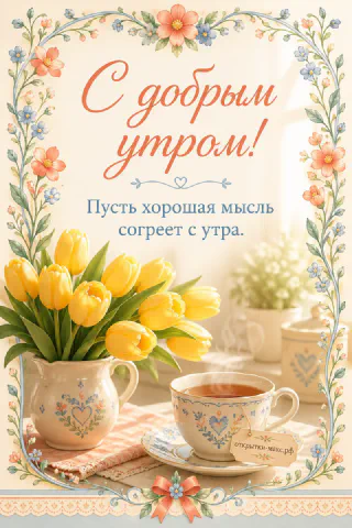 Открытка с жёлтыми тюльпанами в белой вазе и чашкой чая на скатерти с цветочной рамкой