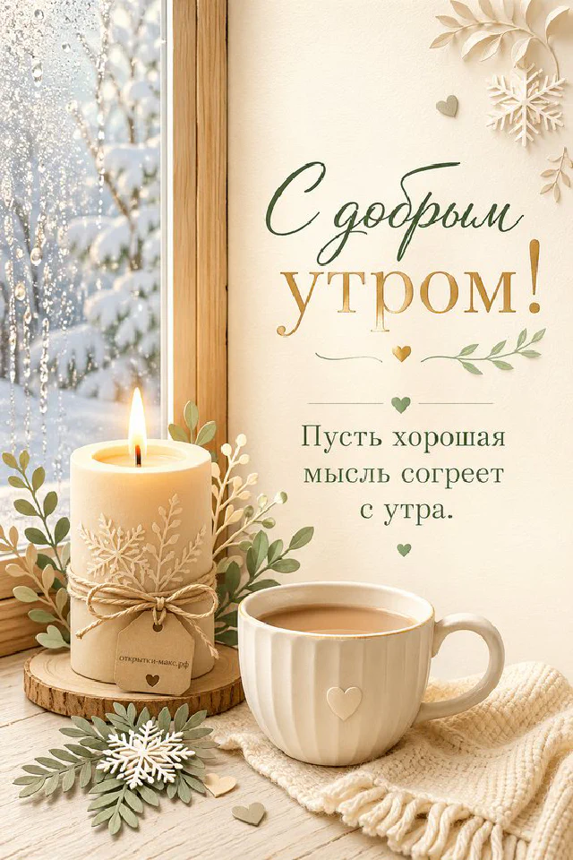 Открытка с жёлтыми тюльпанами в белой вазе и чашкой чая на скатерти с цветочной рамкой — вариант 2