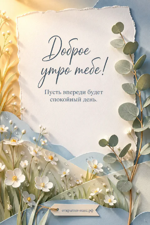 Лист бумаги с рваным краем на голубом и персиковом фоне, рядом ветки эвкалипта и белые полевые цветы