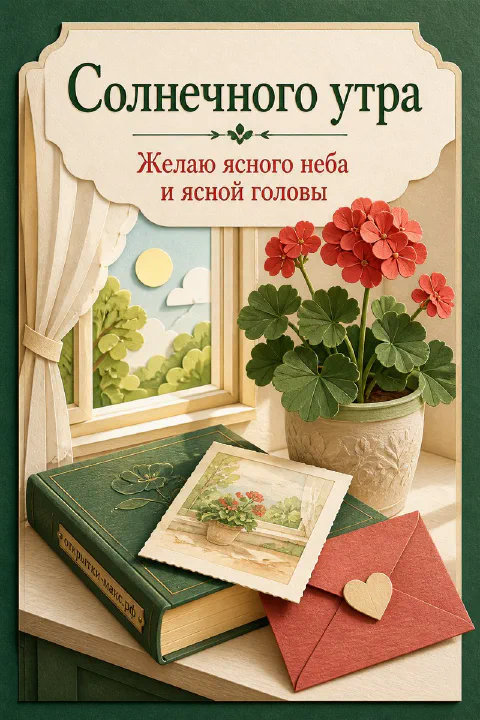 Красная герань в каменном горшке у окна, зелёная книга, красный конверт с сердцем и надпись «Солнечного утра»