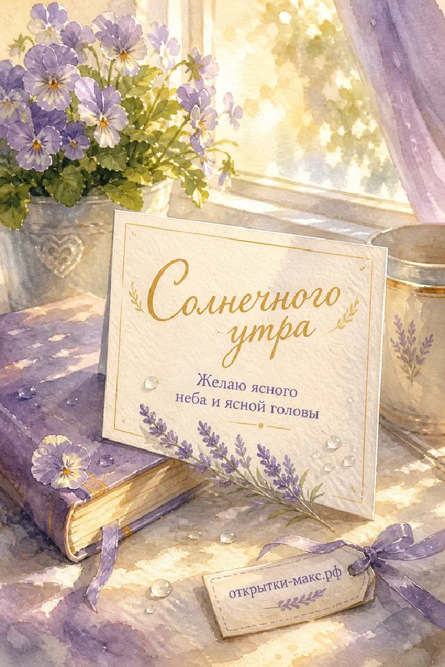 Красная герань в каменном горшке у окна, зелёная книга, красный конверт с сердцем и надпись «Солнечного утра» — вариант 2