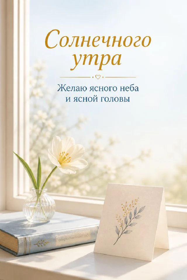 Красная герань в каменном горшке у окна, зелёная книга, красный конверт с сердцем и надпись «Солнечного утра» — вариант 3