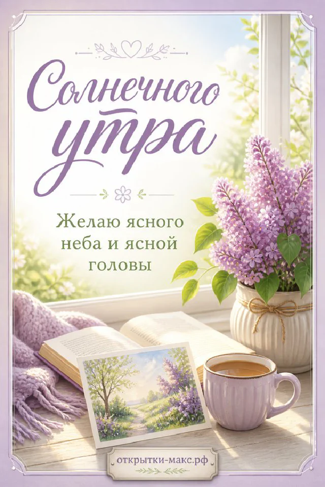 Красная герань в каменном горшке у окна, зелёная книга, красный конверт с сердцем и надпись «Солнечного утра» — вариант 4