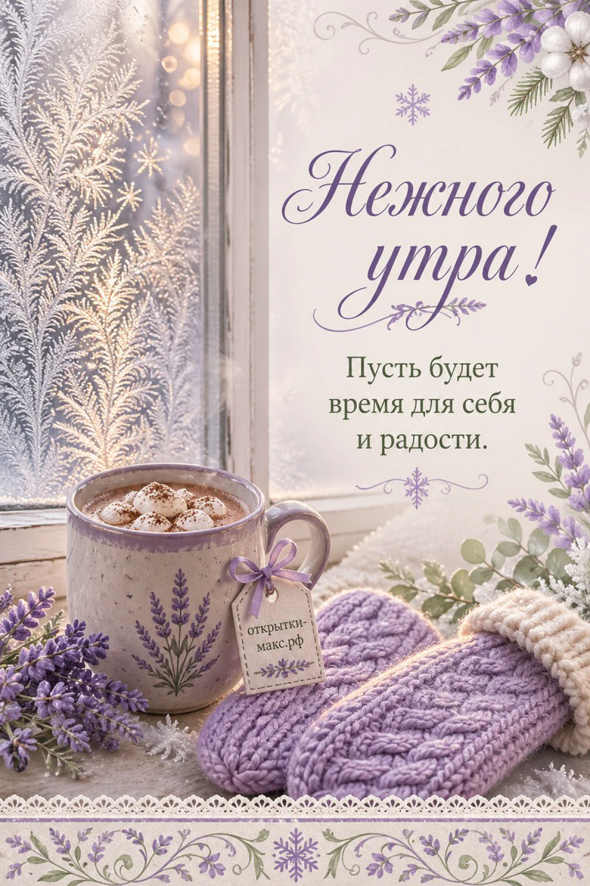 Кружка какао с зефиром и лавандовым узором, лавандовые вязаные варежки, веточки лаванды у окна с морозными узорами