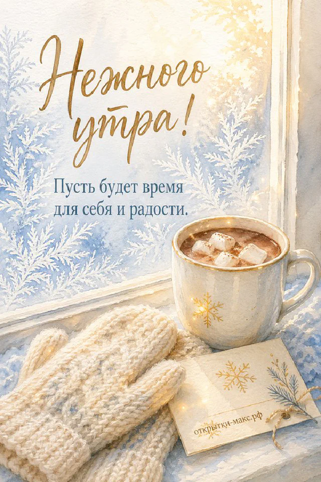 Кружка какао с зефиром и лавандовым узором, лавандовые вязаные варежки, веточки лаванды у окна с морозными узорами — вариант 2