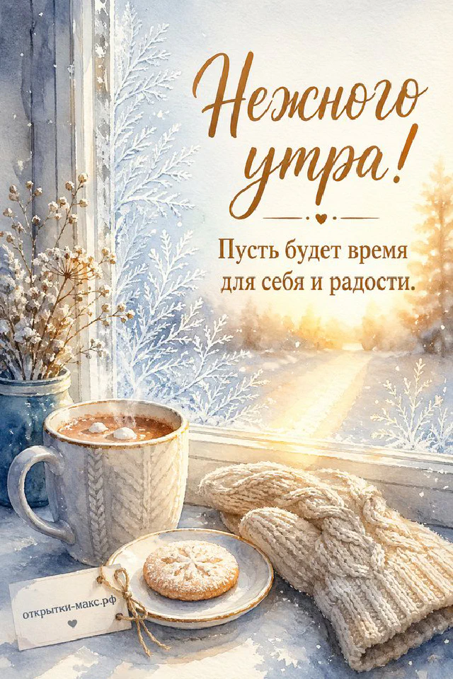 Кружка какао с зефиром и лавандовым узором, лавандовые вязаные варежки, веточки лаванды у окна с морозными узорами — вариант 3