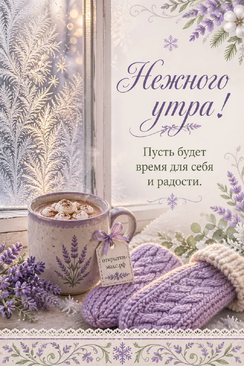 Кружка какао с зефиром и лавандовым узором, лавандовые вязаные варежки, веточки лаванды у окна с морозными узорами