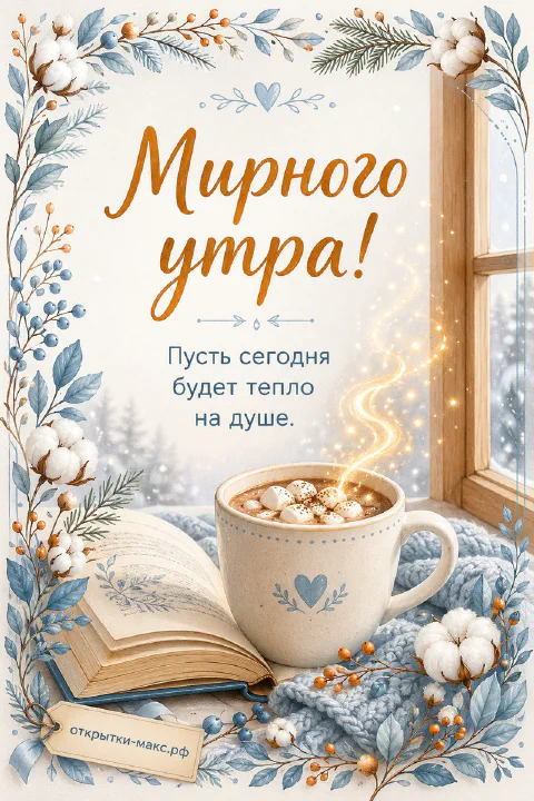 Кружка с какао и зефиром на вязаном шарфе у заиндевевшего окна, открытая книга и веточки хлопка с синими ягодами