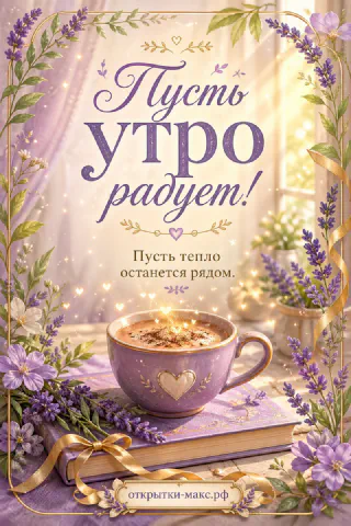 Чашка капучино с сердечком на пенке, букеты лаванды и золотая лента с надписью «Пусть утро радует»