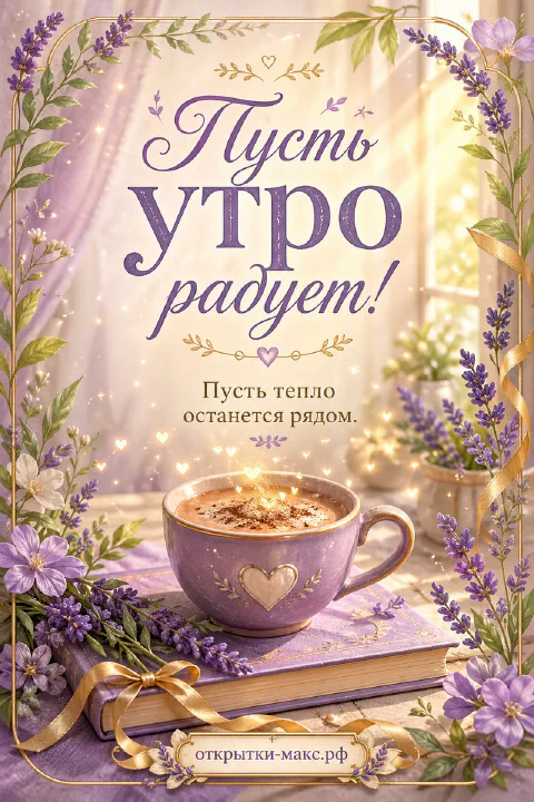 Чашка капучино с сердечком на пенке, букеты лаванды и золотая лента с надписью «Пусть утро радует»