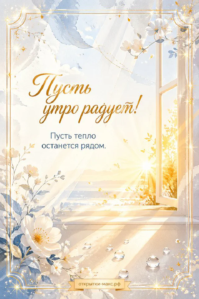 Чашка капучино с сердечком на пенке, букеты лаванды и золотая лента с надписью «Пусть утро радует» — вариант 3