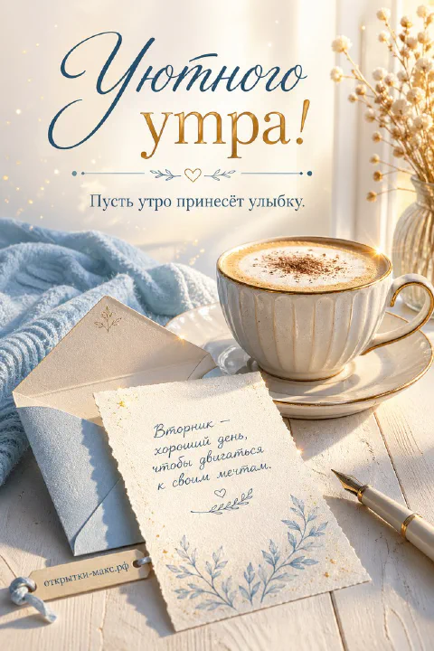 Чашка капучино с молочной пенкой, конверт и письмо о вторнике на белом деревянном столе