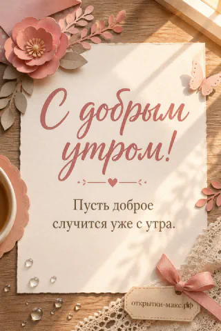 Карточка с добрым утром, украшенная розовыми цветами и бумажной бабочкой на деревянном столе