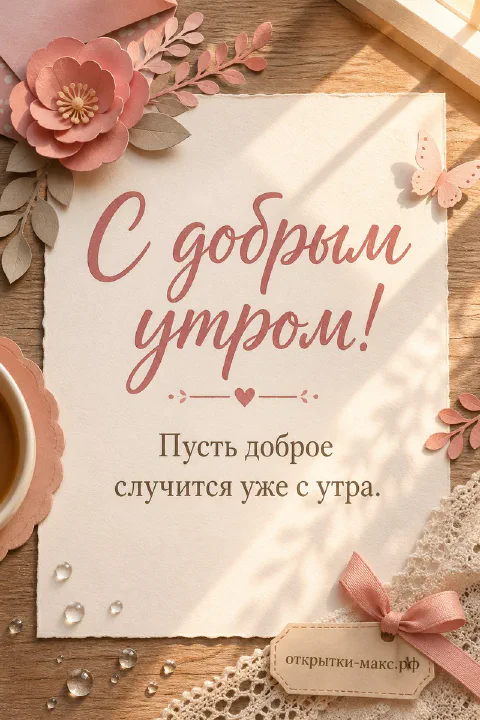Карточка с добрым утром, украшенная розовыми цветами и бумажной бабочкой на деревянном столе