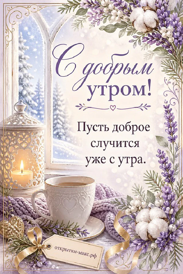 Карточка с добрым утром, украшенная розовыми цветами и бумажной бабочкой на деревянном столе — вариант 3