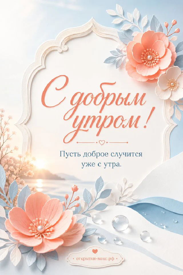 Карточка с добрым утром, украшенная розовыми цветами и бумажной бабочкой на деревянном столе — вариант 2