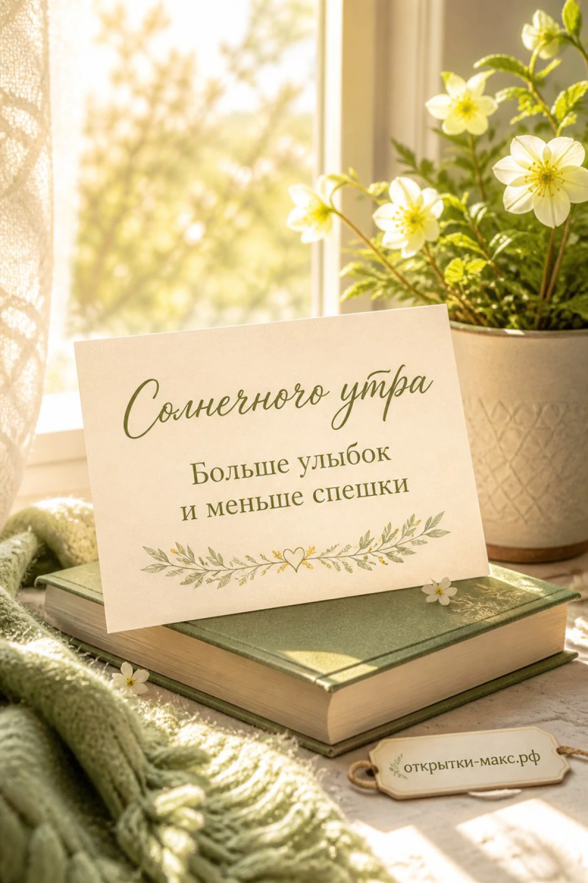 Бумажная карточка с надписью «Солнечного утра» на стопке книг, горшок с белыми ромашками и солнечный свет из окна
