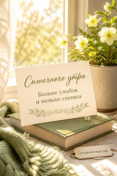 Бумажная карточка с надписью «Солнечного утра» на стопке книг, горшок с белыми ромашками и солнечный свет из окна