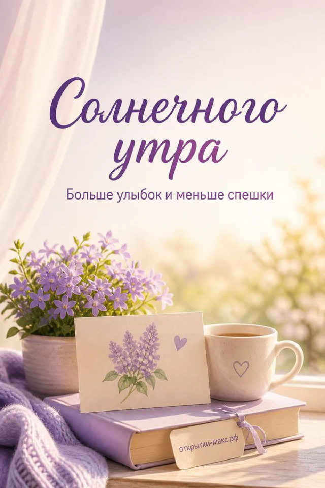 Бумажная карточка с надписью «Солнечного утра» на стопке книг, горшок с белыми ромашками и солнечный свет из окна — вариант 2