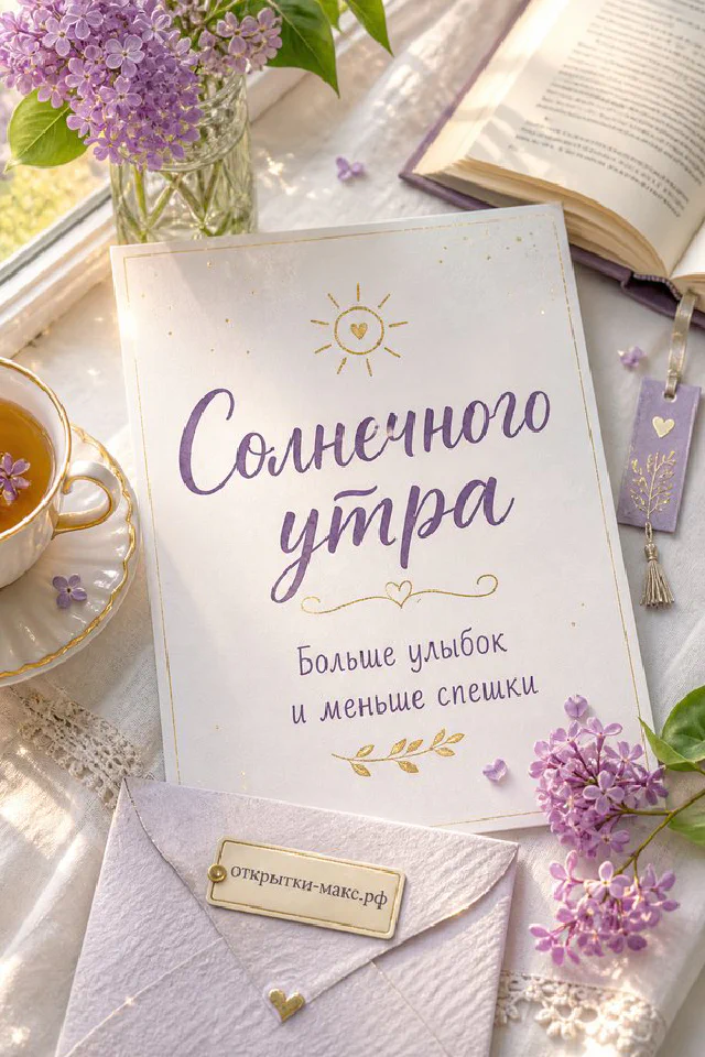 Бумажная карточка с надписью «Солнечного утра» на стопке книг, горшок с белыми ромашками и солнечный свет из окна — вариант 3