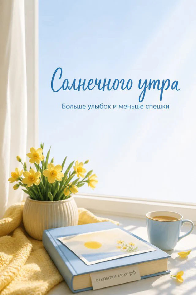 Бумажная карточка с надписью «Солнечного утра» на стопке книг, горшок с белыми ромашками и солнечный свет из окна — вариант 4