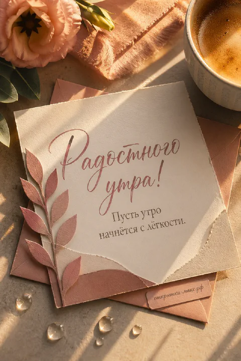 Карточка с рукописным текстом и декоративными листьями на бежевом конверте рядом с чашкой кофе