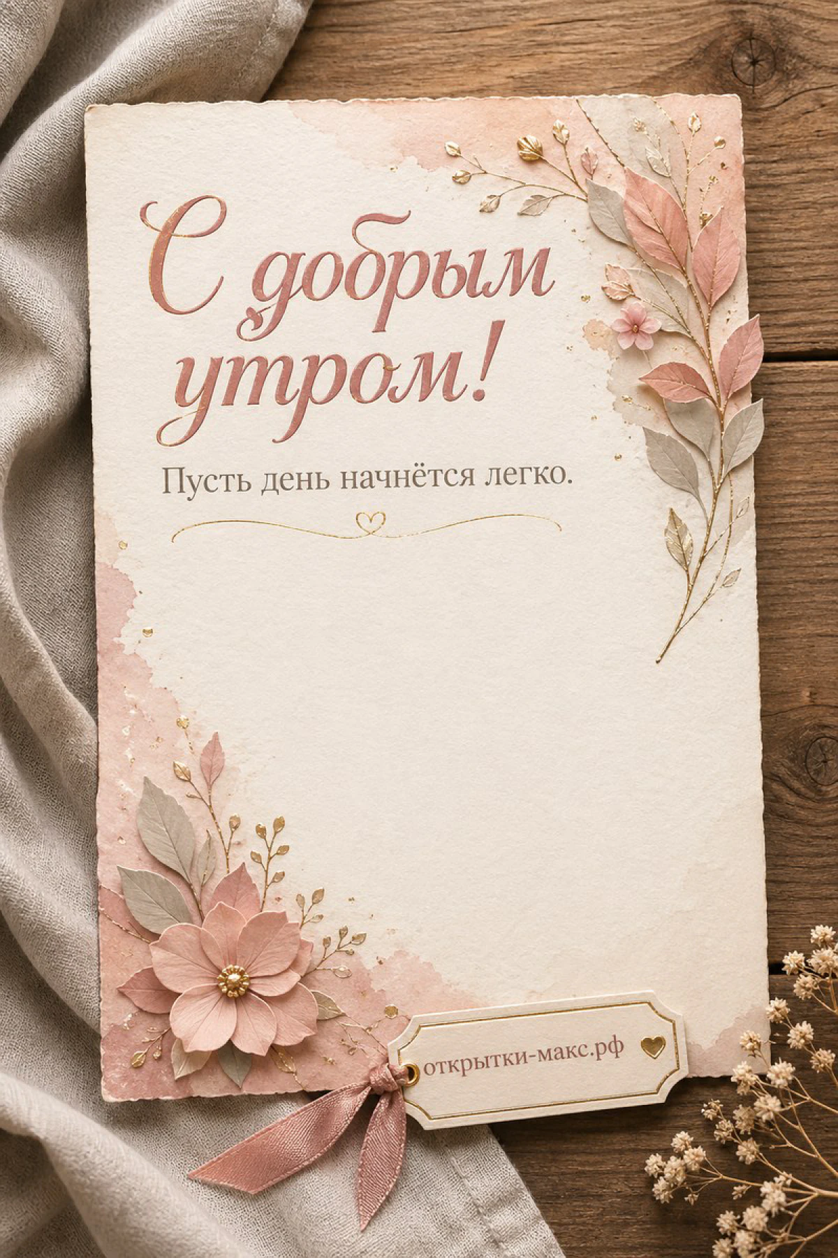 Бежевая карточка с добрым утром, украшенная розовыми бумажными цветами и лентой на деревянном фоне