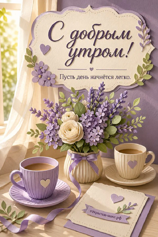 Бежевая карточка с добрым утром, украшенная розовыми бумажными цветами и лентой на деревянном фоне — вариант 3
