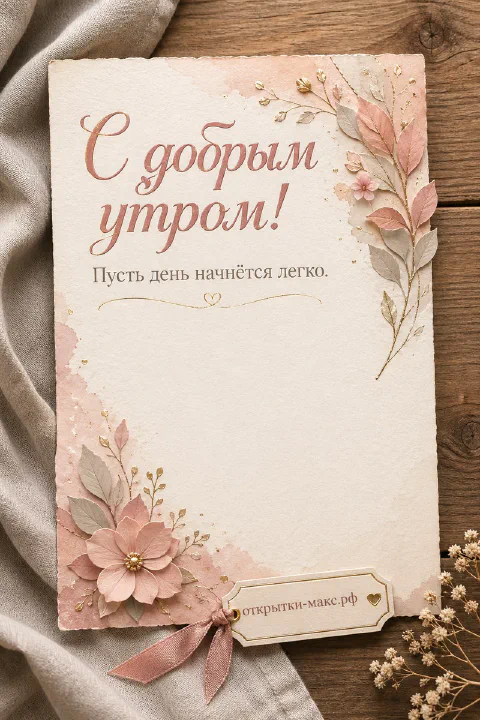 Бежевая карточка с добрым утром, украшенная розовыми бумажными цветами и лентой на деревянном фоне