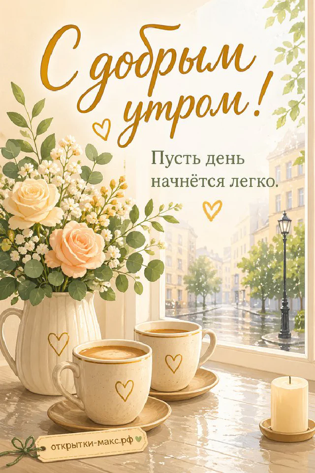 Бежевая карточка с добрым утром, украшенная розовыми бумажными цветами и лентой на деревянном фоне — вариант 2