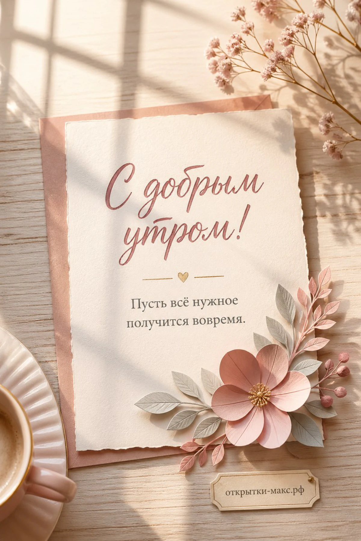 Белая карточка с надписью С добрым утром и розовым цветком на деревянной поверхности в солнечном свете