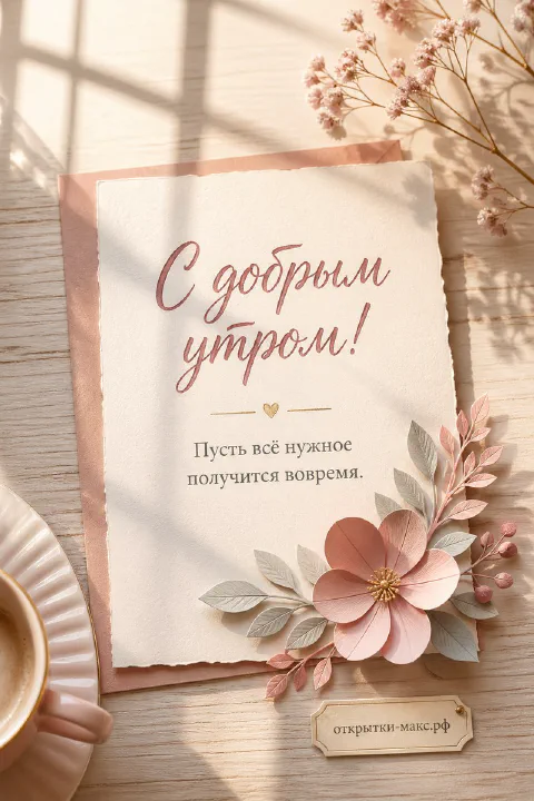 Белая карточка с надписью С добрым утром и розовым цветком на деревянной поверхности в солнечном свете