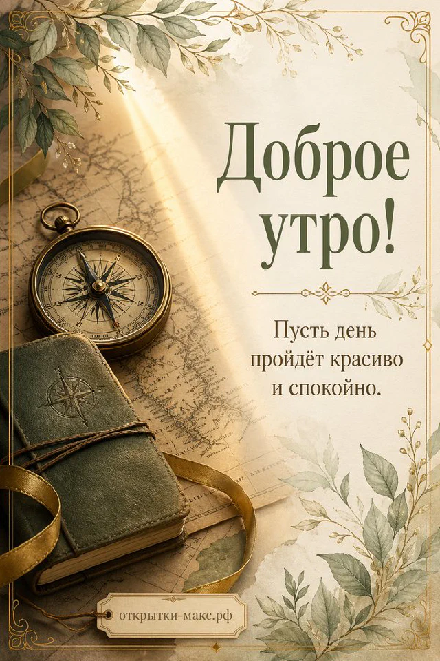 Чашка тёмного чая с паром стоит на книге в кожаном переплёте, рядом веточка эвкалипта, за окном утренний туман — вариант 4