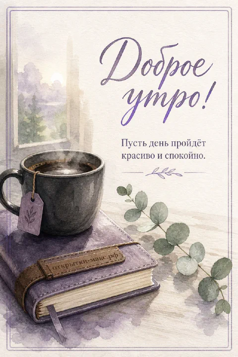 Чашка тёмного чая с паром стоит на книге в кожаном переплёте, рядом веточка эвкалипта, за окном утренний туман
