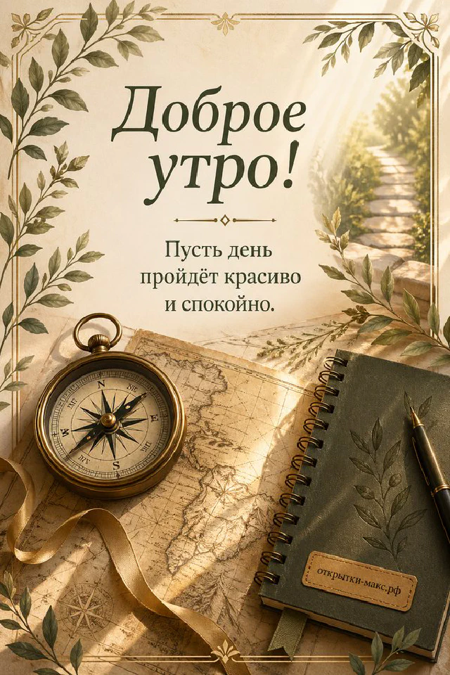Чашка тёмного чая с паром стоит на книге в кожаном переплёте, рядом веточка эвкалипта, за окном утренний туман — вариант 3