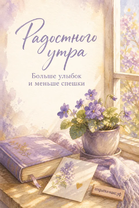 Акварельная открытка с фиолетовыми фиалками в горшке и раскрытой книгой на подоконнике при утреннем свете