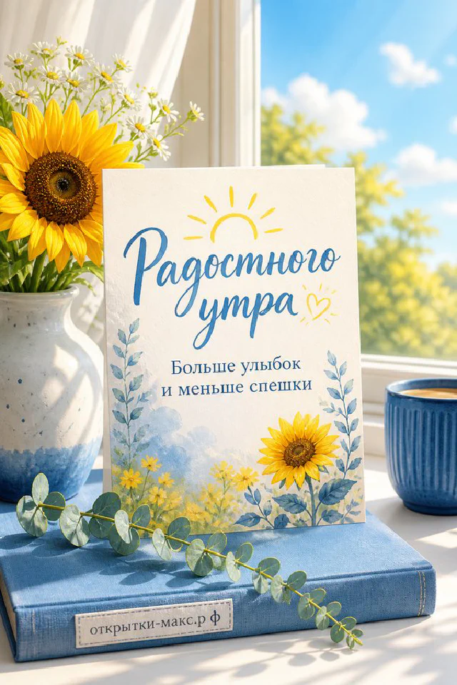 Акварельная открытка с фиолетовыми фиалками в горшке и раскрытой книгой на подоконнике при утреннем свете — вариант 2