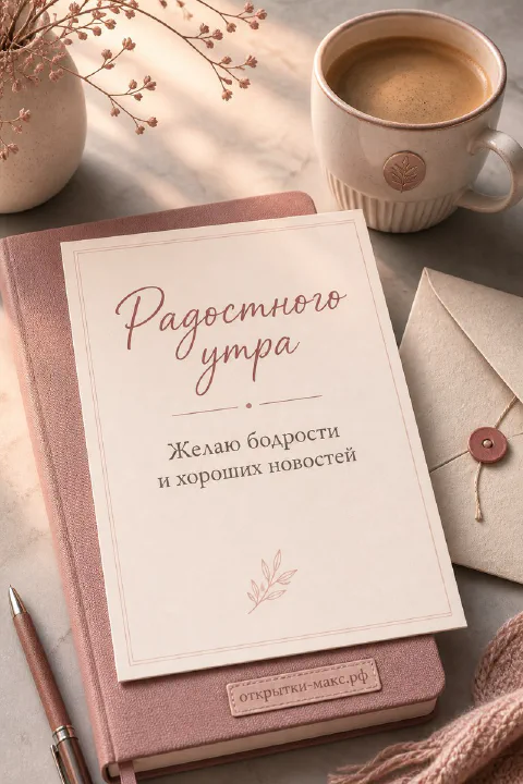 Книга-открытка с надписью «Радостного утра» рядом с кофе и конвертом на мраморе
