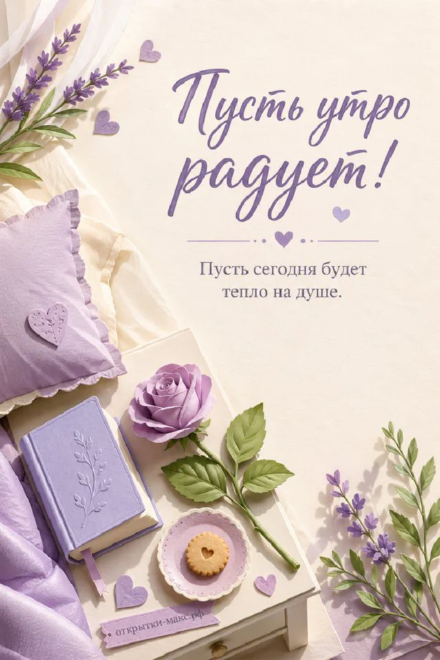 Кремовая роза на старинной книге, веточки гипсофилы и кружевная постель с надписью «Пусть утро радует» — вариант 2