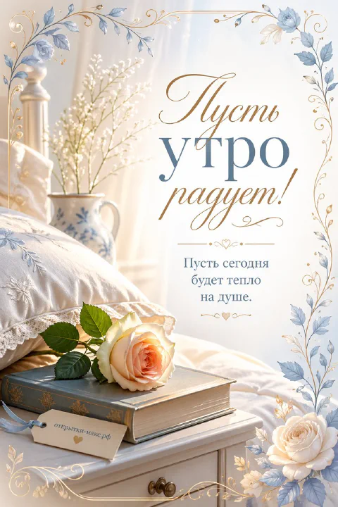 Кремовая роза на старинной книге, веточки гипсофилы и кружевная постель с надписью «Пусть утро радует»