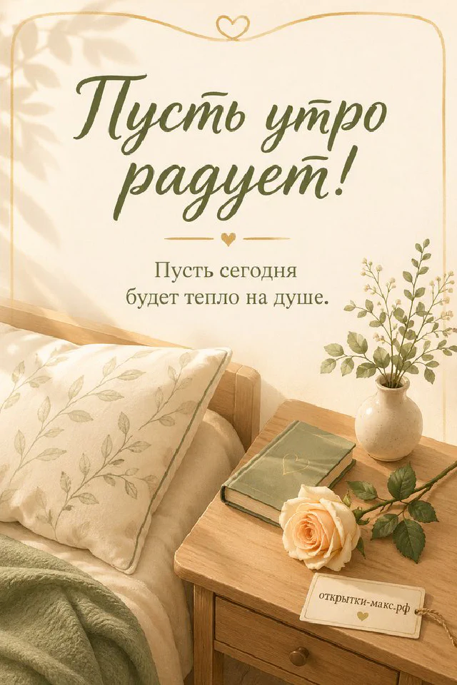 Кремовая роза на старинной книге, веточки гипсофилы и кружевная постель с надписью «Пусть утро радует» — вариант 3