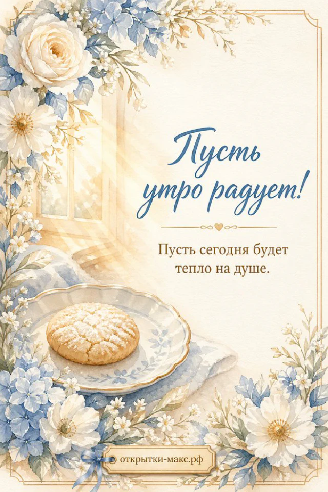 Кремовая роза на старинной книге, веточки гипсофилы и кружевная постель с надписью «Пусть утро радует» — вариант 4