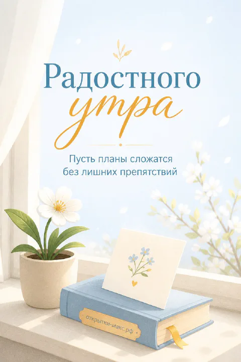 Синяя книга с открыткой-закладкой и белым цветком в горшке на светлом подоконнике у окна с занавесками