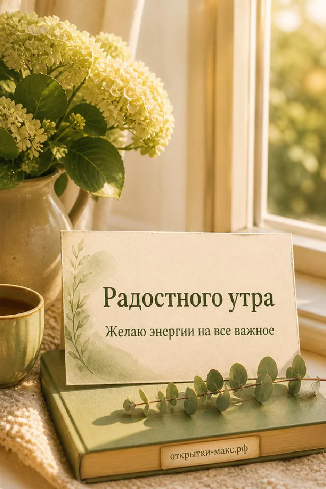 Лиловые книги с открыткой-карточкой и горшок с фиолетовыми цветами на фоне светлого окна с шторой — вариант 3