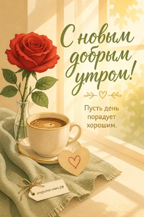 Чашка чёрного кофе, алая роза в стеклянной вазе и деревянное сердечко на бирке у окна с надписью «С новым добрым утром»