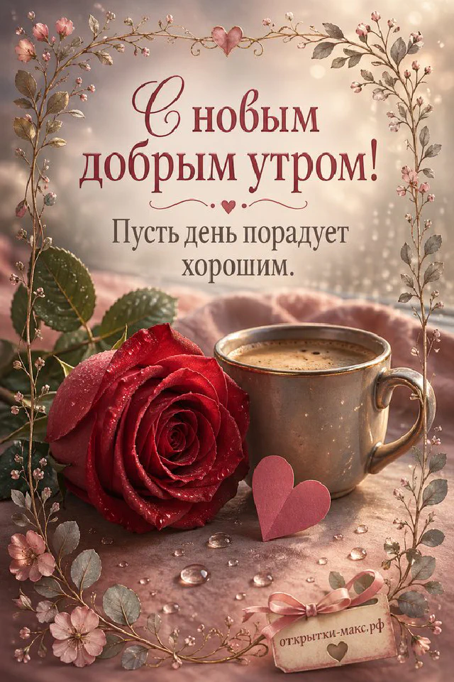 Чашка чёрного кофе, алая роза в стеклянной вазе и деревянное сердечко на бирке у окна с надписью «С новым добрым утром» — вариант 3
