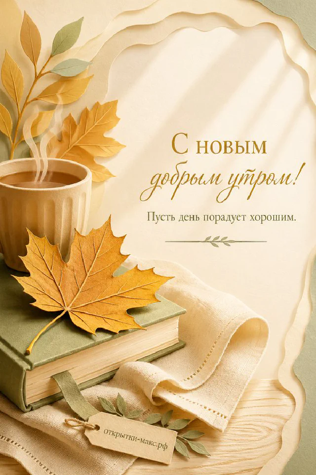 Чашка чёрного кофе, алая роза в стеклянной вазе и деревянное сердечко на бирке у окна с надписью «С новым добрым утром» — вариант 4