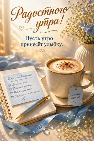 Белая чашка кофе с корицей и блокнот с планами рядом с голубыми цветами гипсофилы на светлом фоне